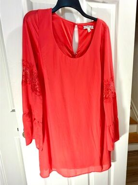 Accidentally In Love Coral-Red Sheer Lace-Sleeve Tunic